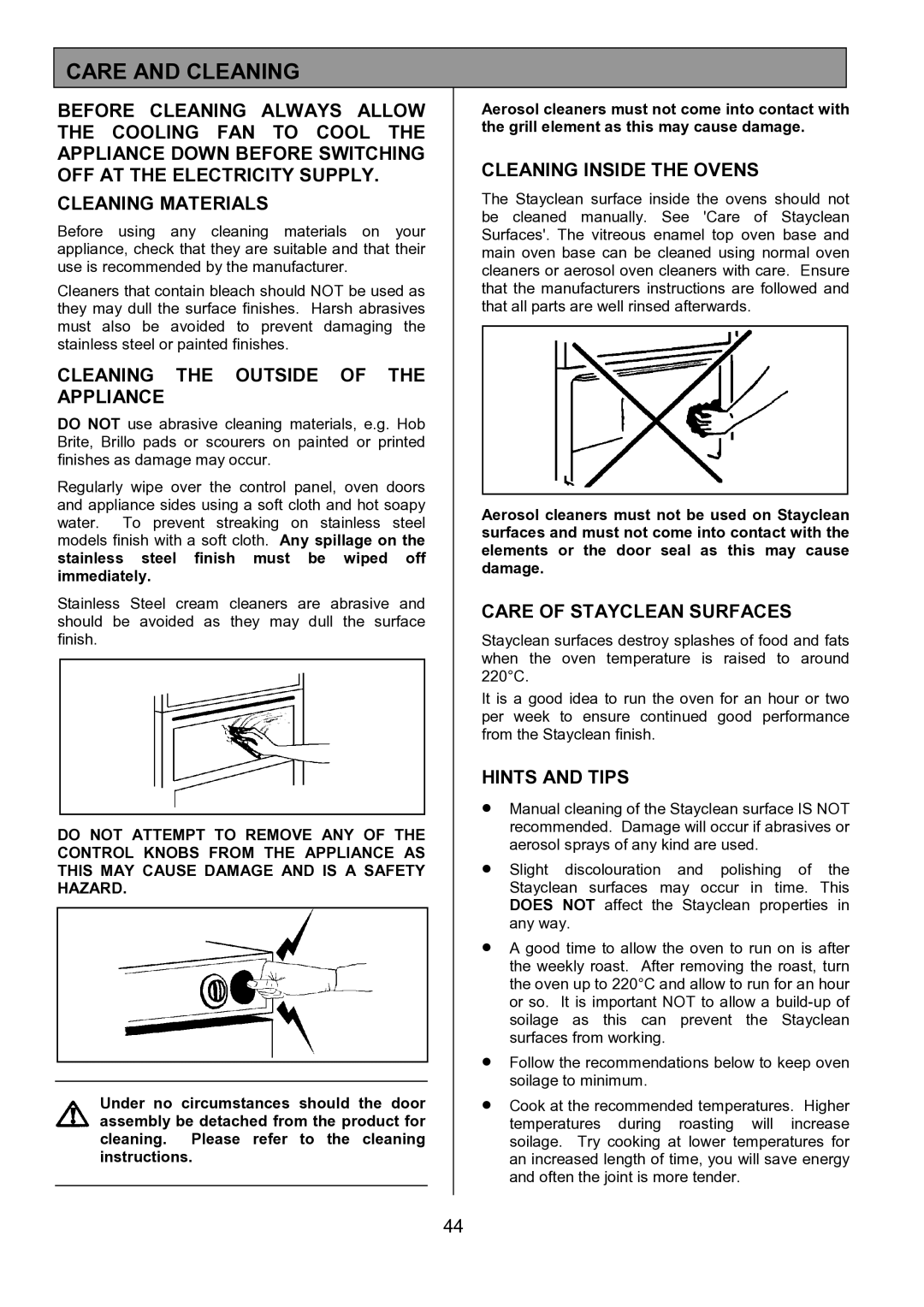 Electrolux EOD6390 manual Care and Cleaning, Cleaning the Outside of the Appliance, Cleaning Inside the Ovens 