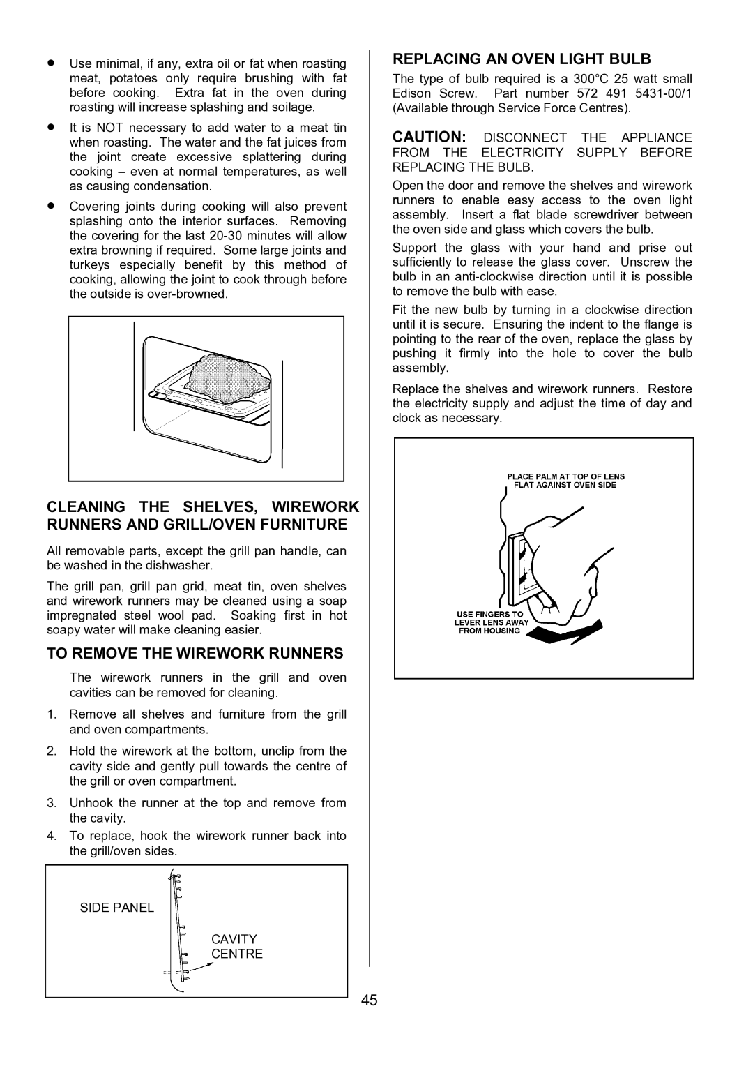 Electrolux EOD6390 manual To Remove the Wirework Runners, Replacing AN Oven Light Bulb, Side Panel Cavity Centre 