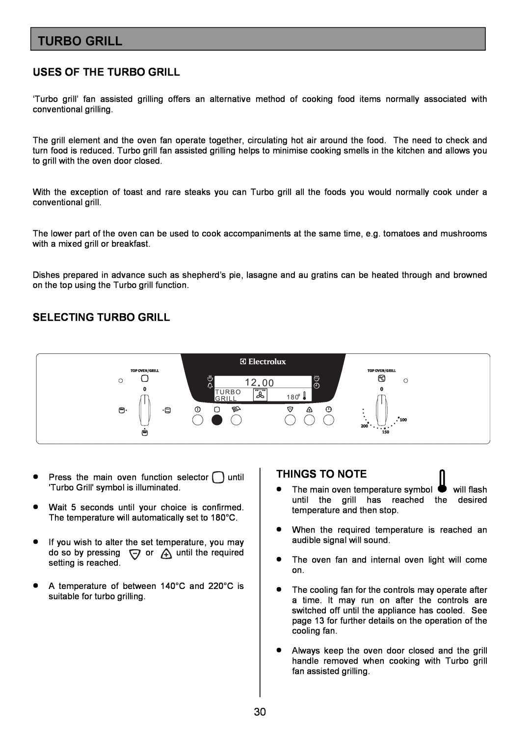 Electrolux EOD6390 manual Uses Of The Turbo Grill, Selecting Turbo Grill, Things To Note 