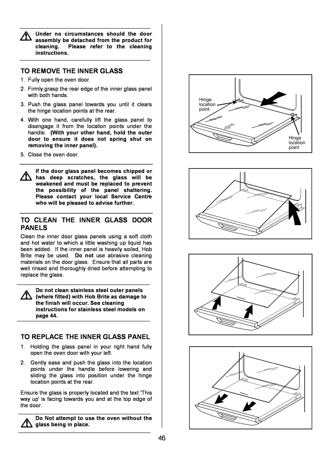 Electrolux EOD6390 manual To Remove The Inner Glass, To Clean The Inner Glass Door Panels, To Replace The Inner Glass Panel 