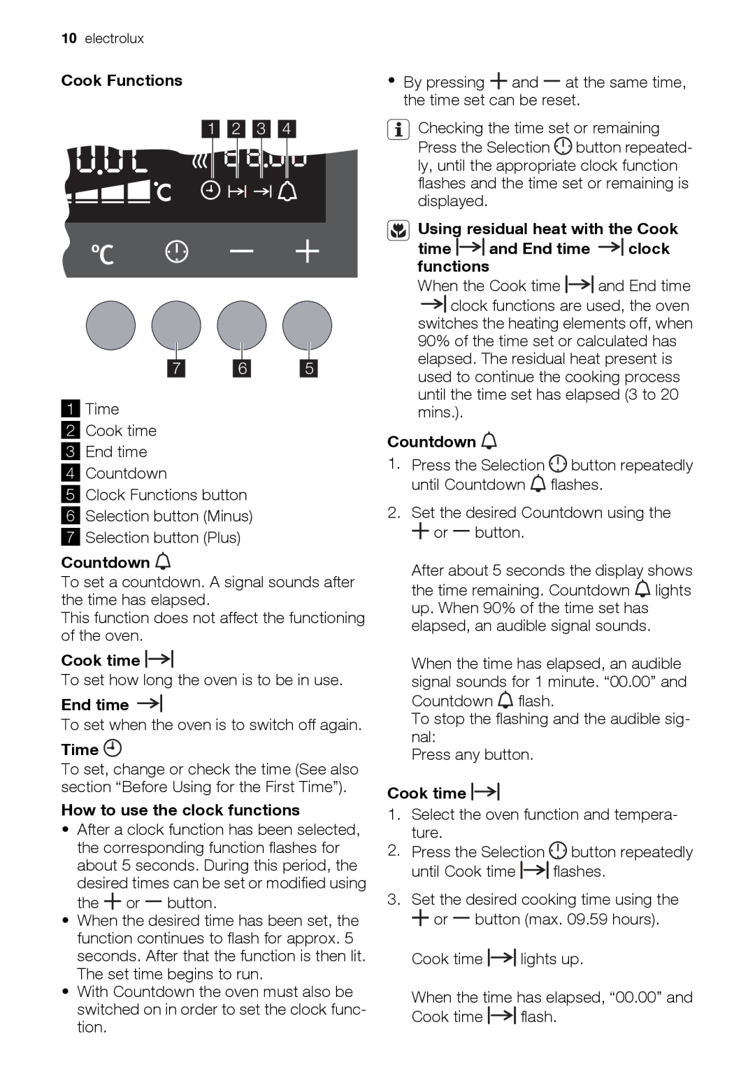 Electrolux EOD67043 user manual Cook Functions, Countdown, Cook time, End time, Time, How to use the clock functions 