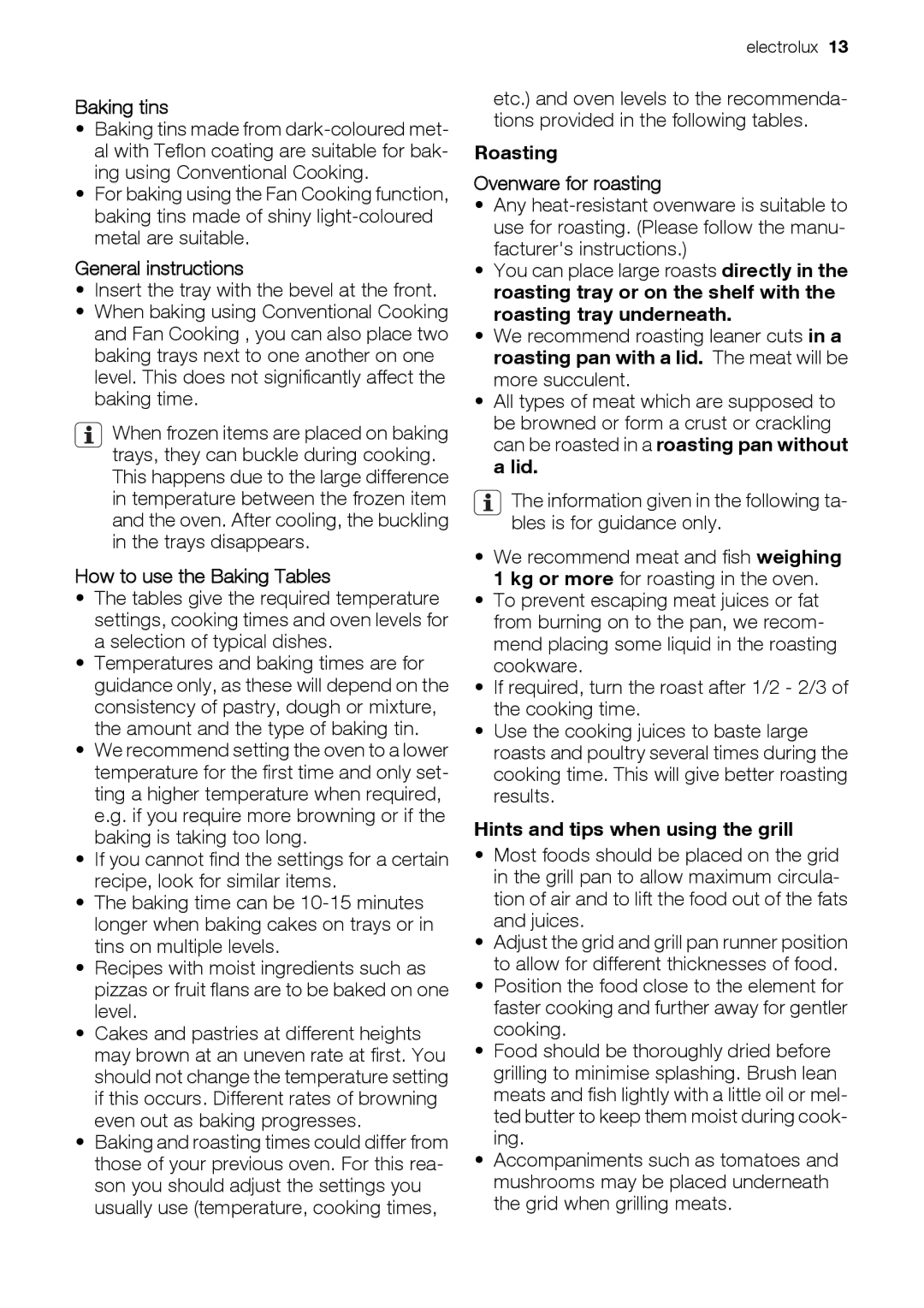 Electrolux EOD67043 user manual Baking tins, How to use the Baking Tables, Roasting Ovenware for roasting 