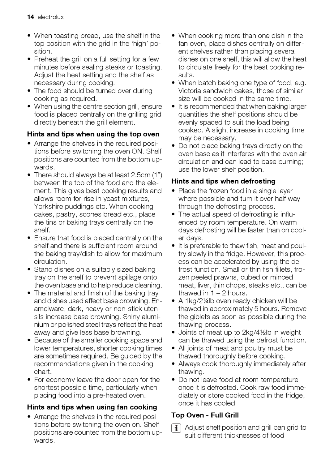 Electrolux EOD67043 Hints and tips when using the top oven, Hints and tips when using fan cooking, Top Oven Full Grill 