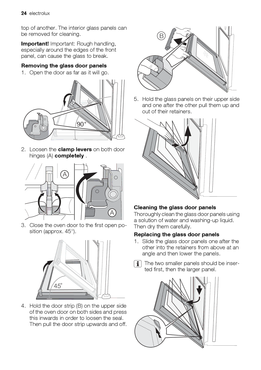 Electrolux EOD67043 Removing the glass door panels, Cleaning the glass door panels, Replacing the glass door panels 