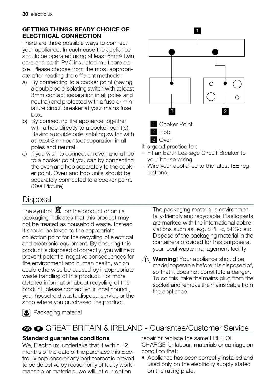 Electrolux EOD67043 user manual Disposal, GB IE Great Britain & Ireland Guarantee/Customer Service, Packaging material 