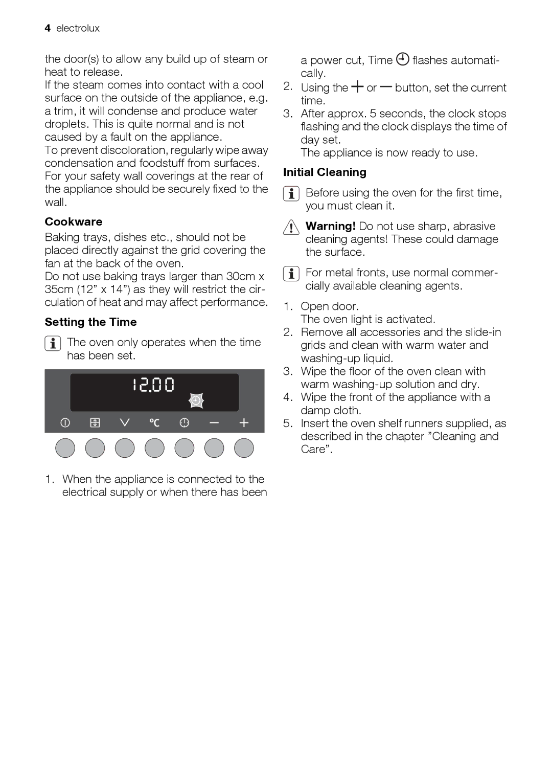 Electrolux EOD67043 user manual Cookware, Setting the Time, Initial Cleaning 