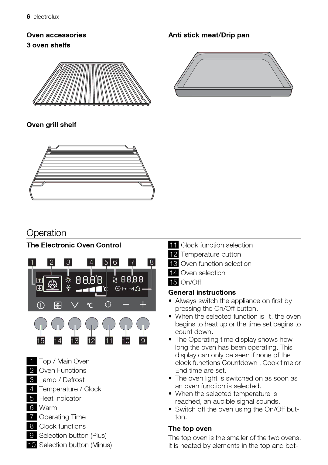 Electrolux EOD67043 user manual Operation, Electronic Oven Control, General instructions, Top oven 