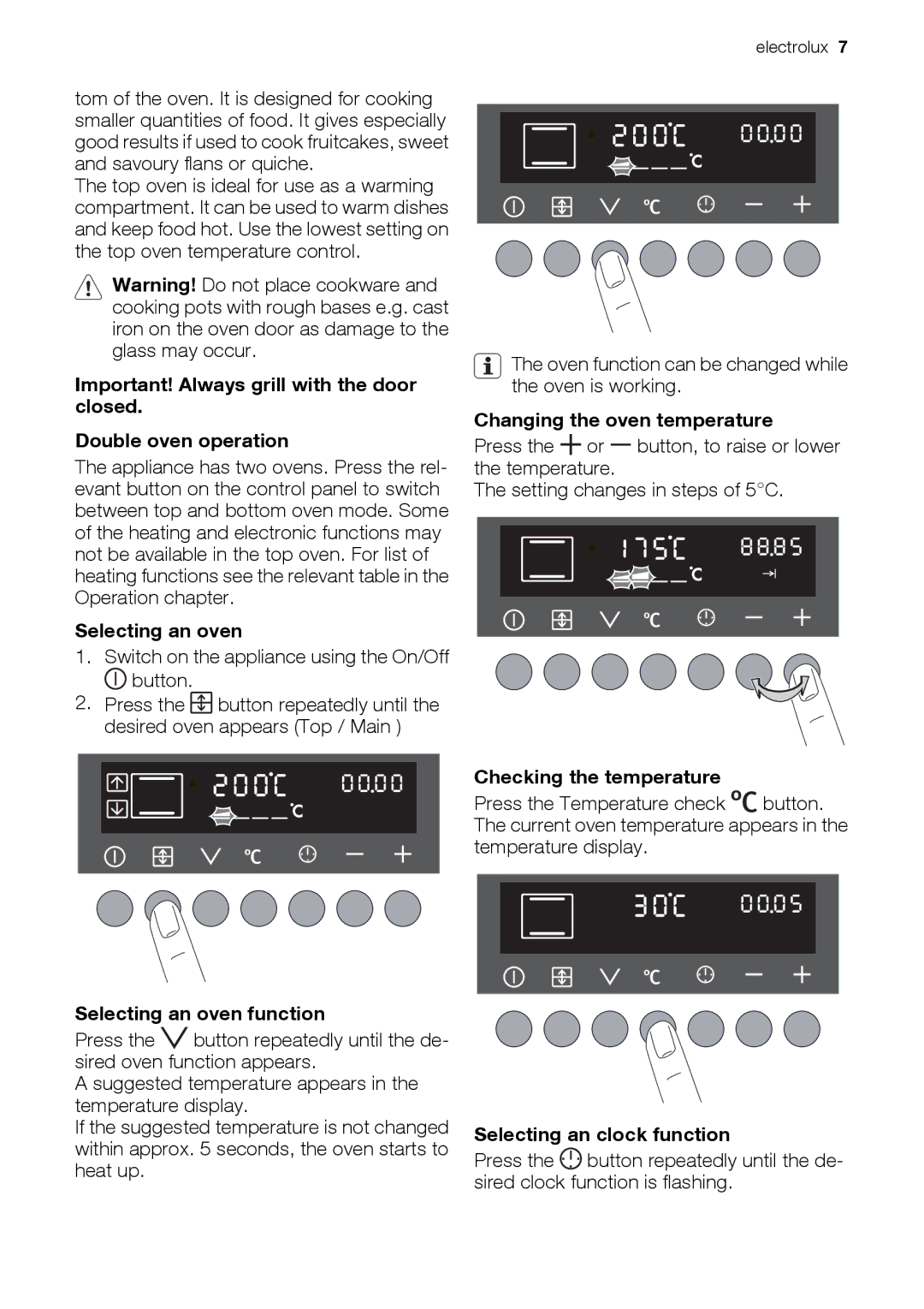 Electrolux EOD67043 user manual Selecting an oven function, Changing the oven temperature, Checking the temperature 