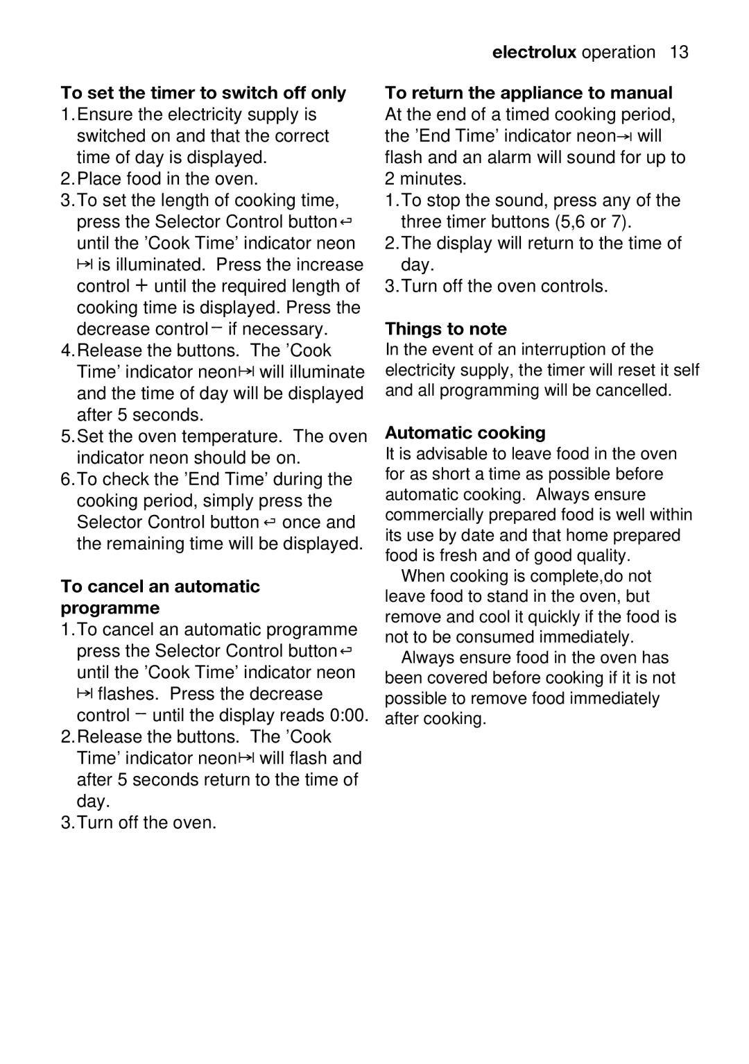 Electrolux EOD67642 user manual Offtheoven, Electroluxoperation13, Tosetthetimectricitytoswitchoffonly 