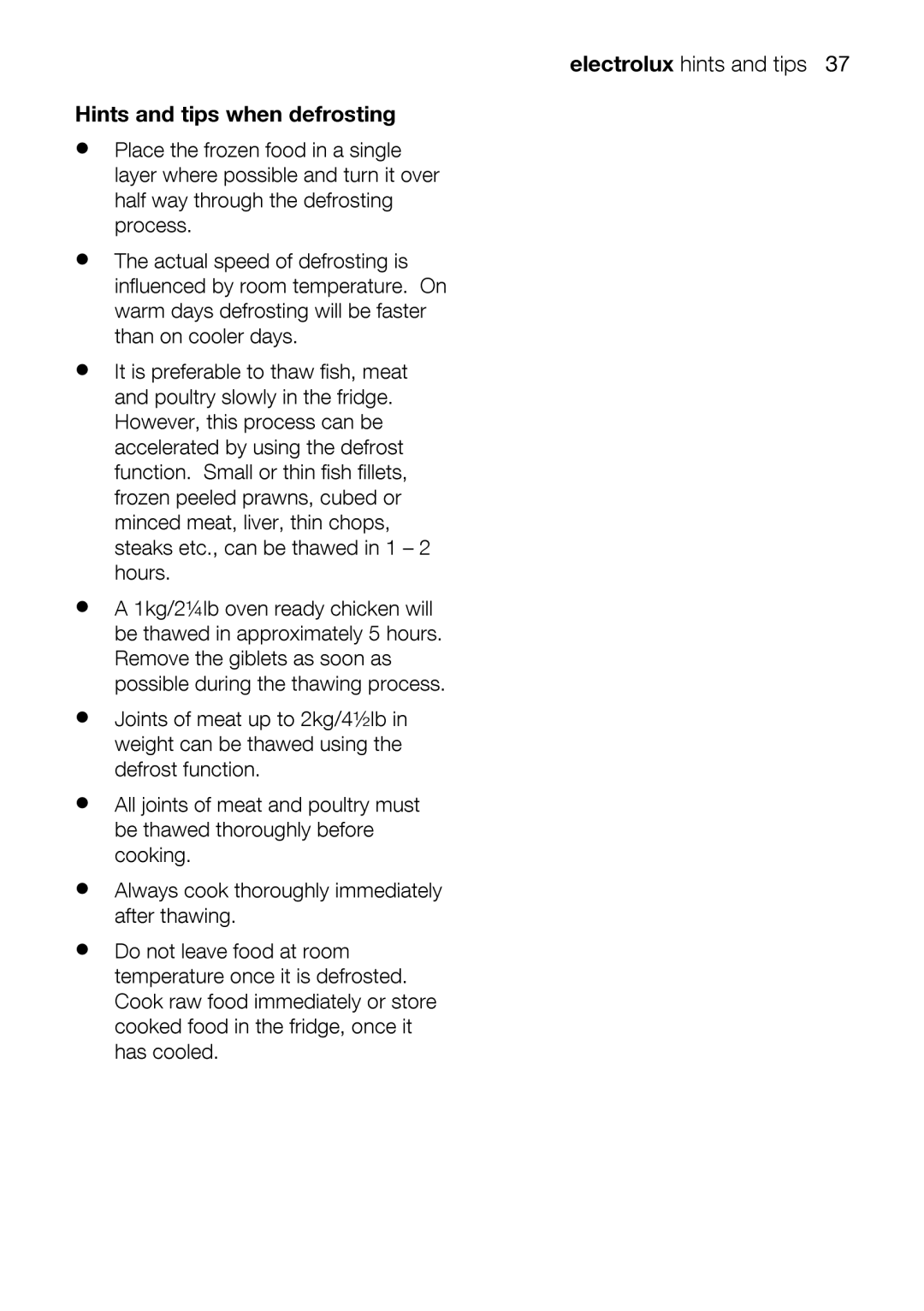 Electrolux EOD67642 user manual CookingbAlwaysjoinsthawed.ofmeatandpoultrybeforemust, Hints, Electroluxhintsandtips37 