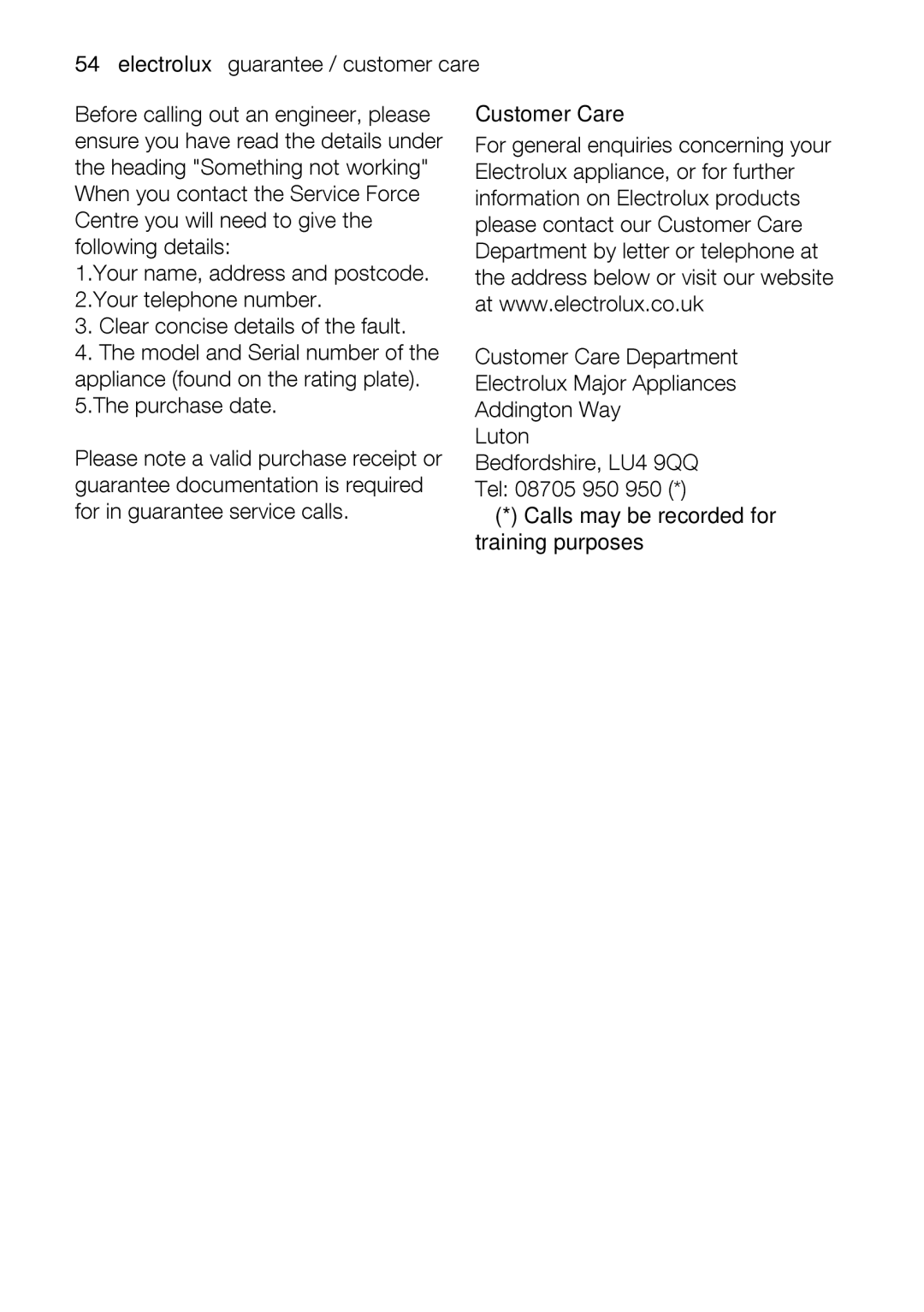 Electrolux EOD67642 user manual Please, 54electrolux, TheheadingSom, Thepurchaseandate, Foringuaranteeservicepurchalls 