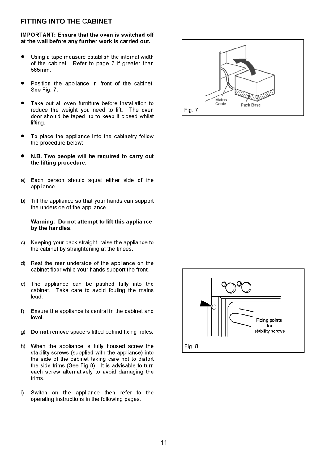 Electrolux EOD980 manual Fitting Into the Cabinet 