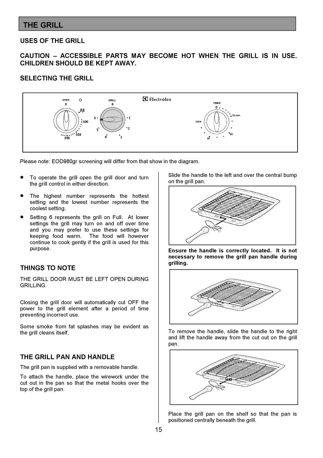 Electrolux EOD980 manual Uses of the Grill Selecting the Grill, Things to Note, Grill PAN and Handle 