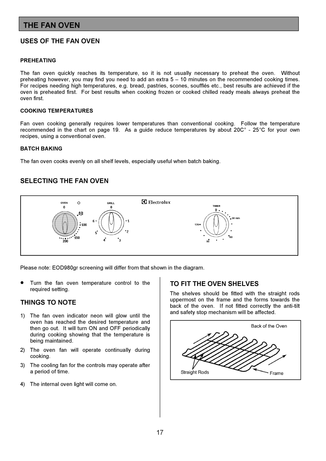 Electrolux EOD980 manual Uses of the FAN Oven, Selecting the FAN Oven, To FIT the Oven Shelves 