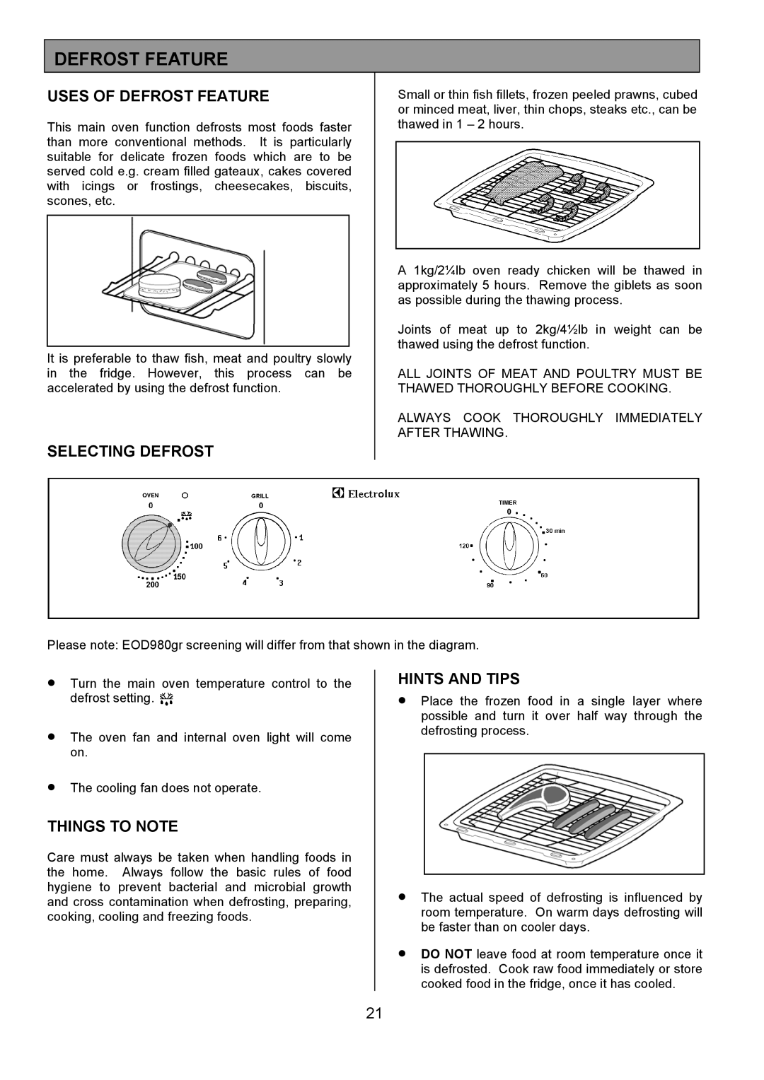 Electrolux EOD980 manual Uses of Defrost Feature, Selecting Defrost 