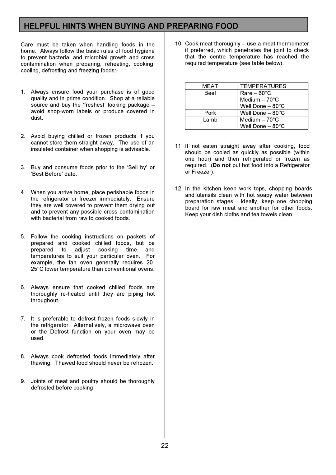 Electrolux EOD980 manual Helpful Hints When Buying and Preparing Food, Meat Temperatures 