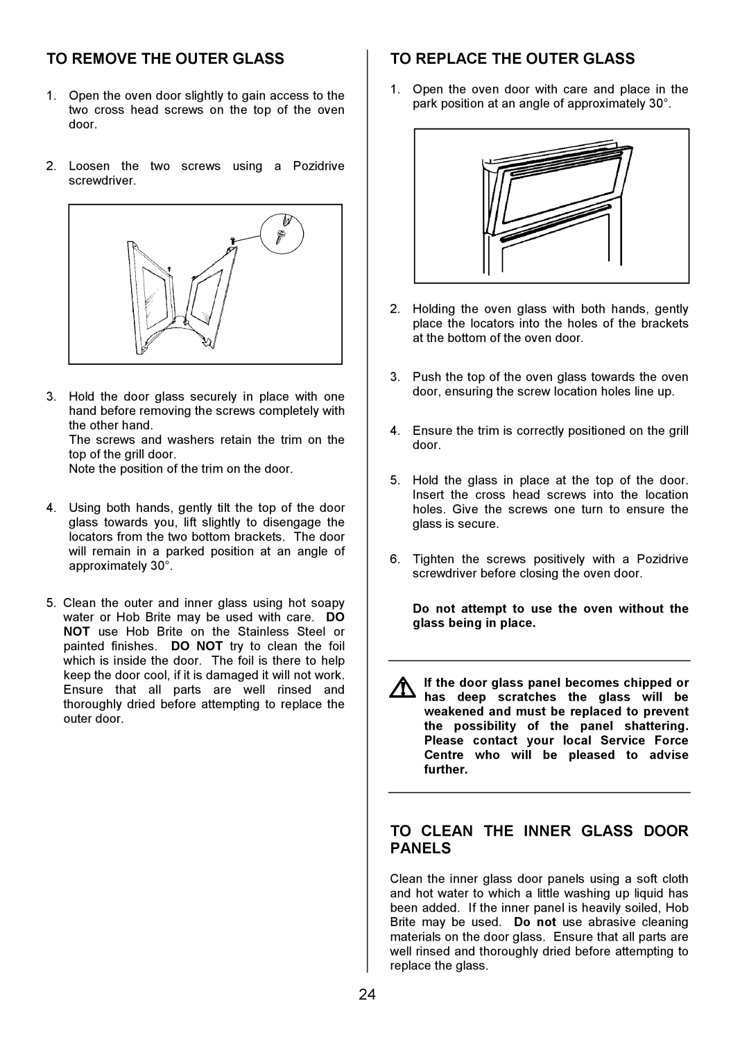 Electrolux EOD980 manual To Remove the Outer Glass, To Replace the Outer Glass, To Clean the Inner Glass Door Panels 