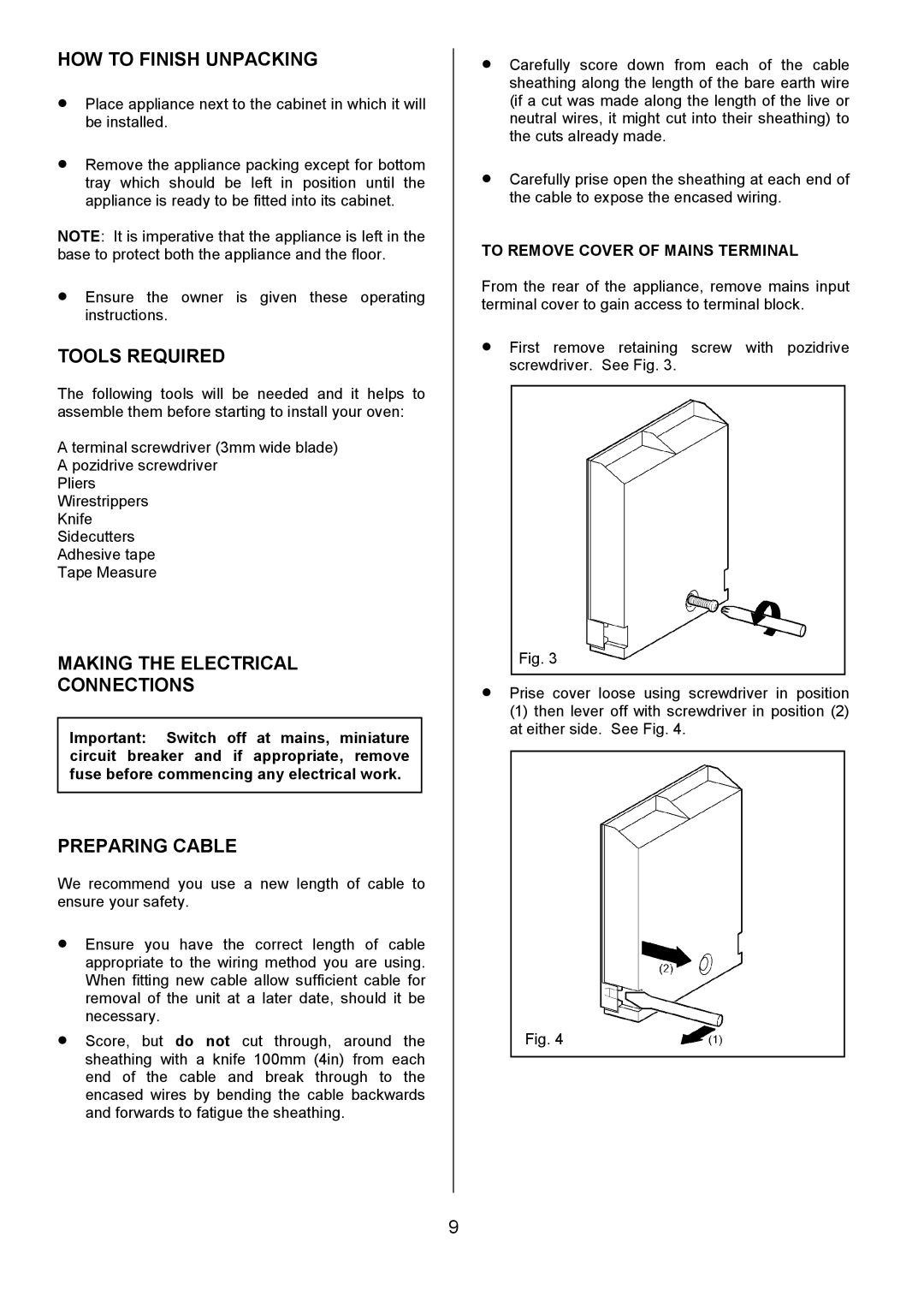 Electrolux EOD980 manual HOW to Finish Unpacking, Tools Required, Making the Electrical Connections, Preparing Cable 