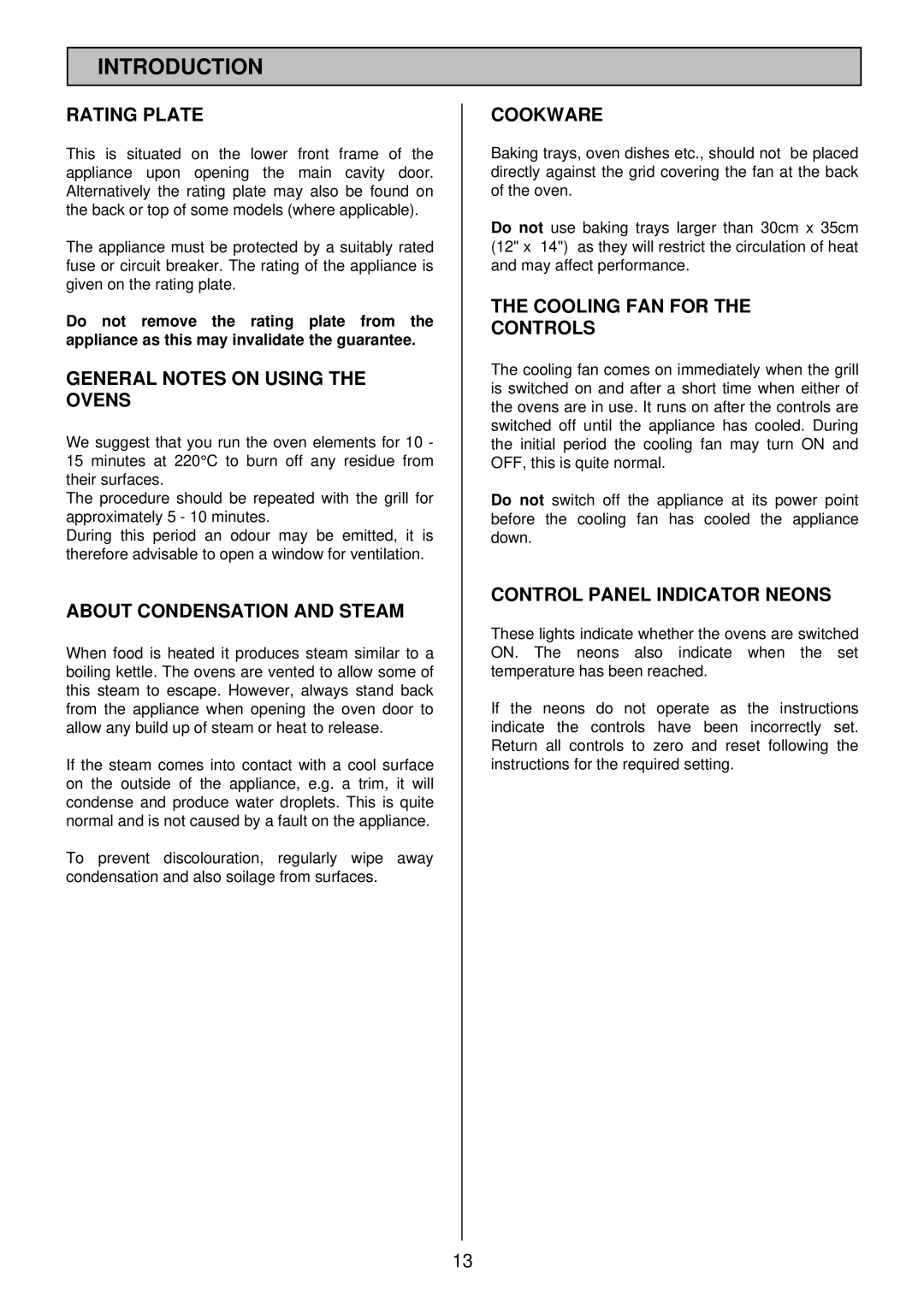 Electrolux EOD983X manual Rating Plate, General Notes on Using the Ovens, About Condensation and Steam, Cookware 