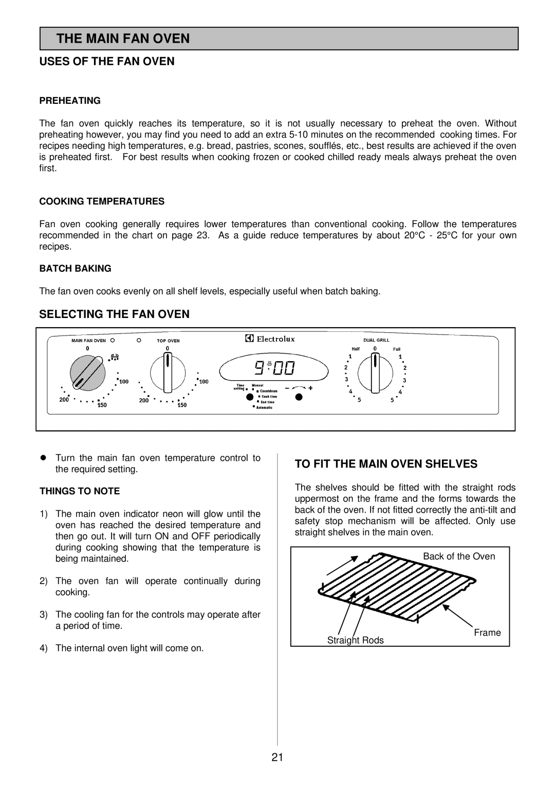 Electrolux EOD983X manual Main FAN Oven, Uses of the FAN Oven, Selecting the FAN Oven, To FIT the Main Oven Shelves 