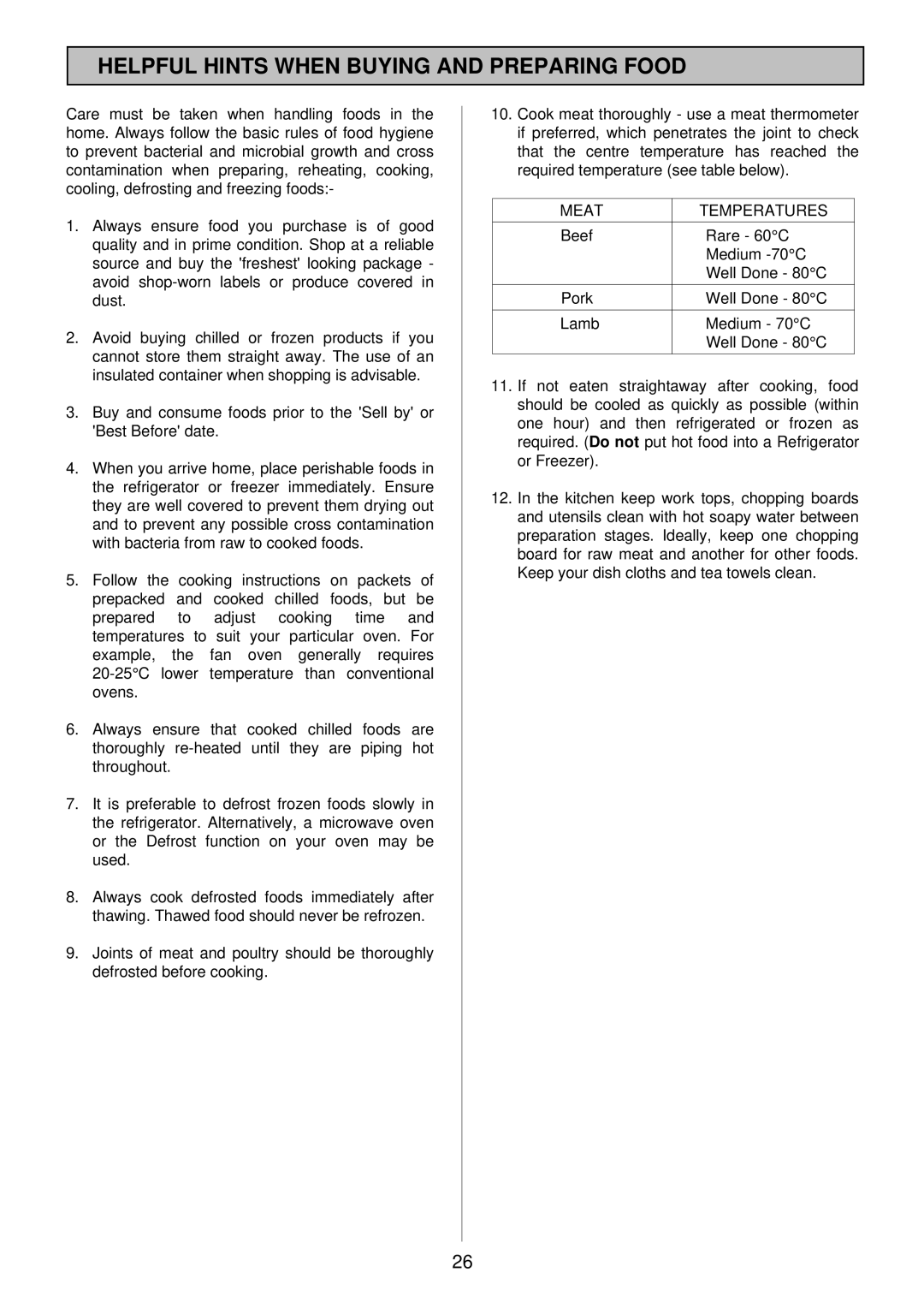 Electrolux EOD983X manual Helpful Hints When Buying and Preparing Food, Meat Temperatures 