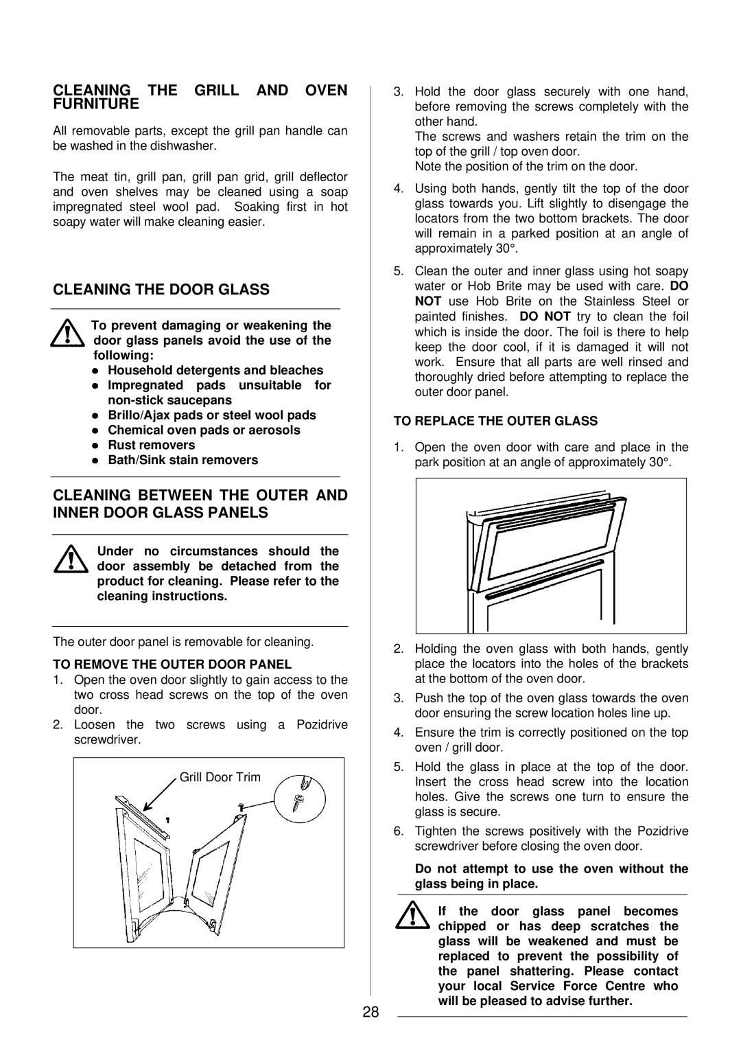 Electrolux EOD983X manual Cleaning the Grill and Oven Furniture, Cleaning the Door Glass, To Remove the Outer Door Panel 