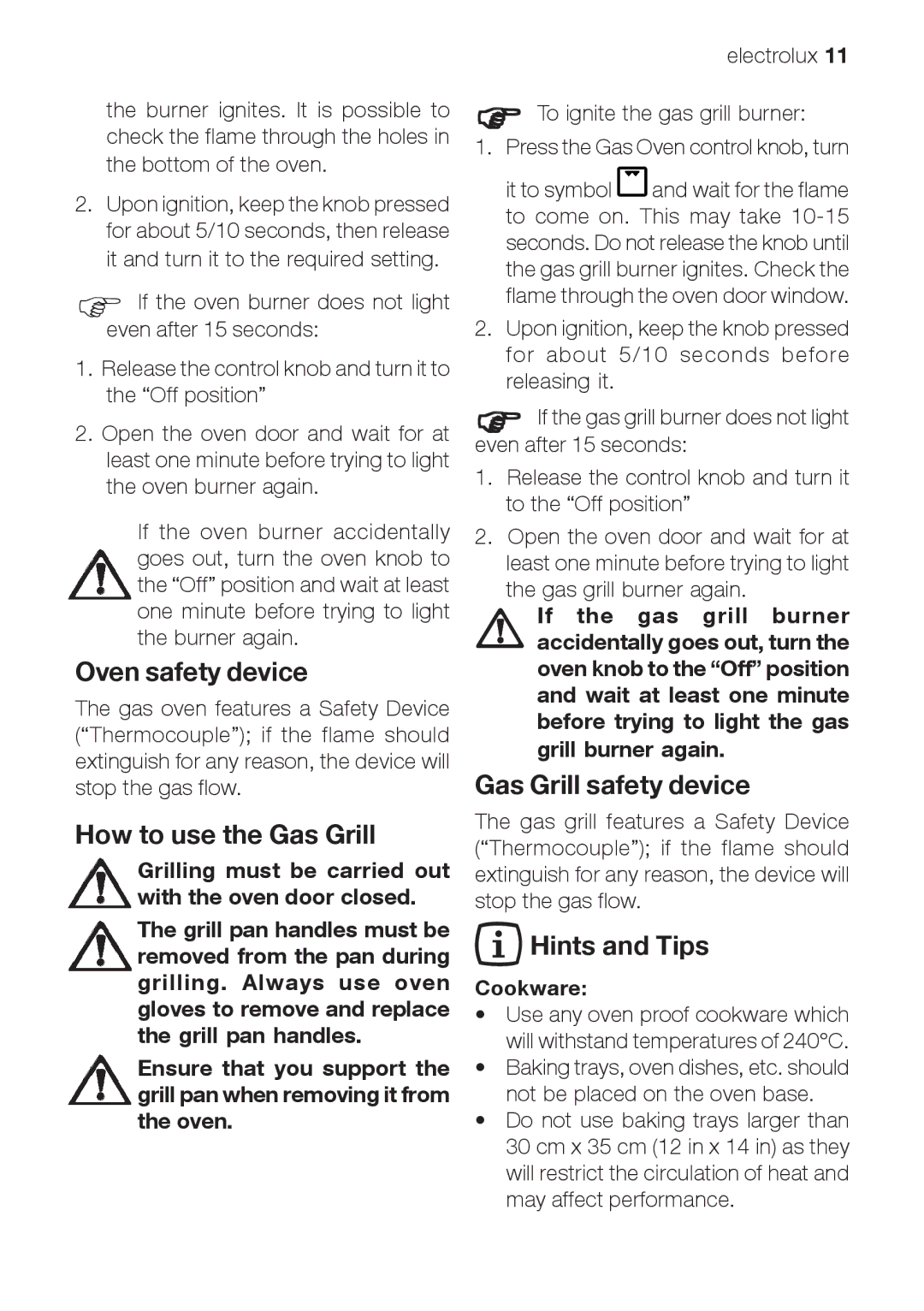 Electrolux EOG 10000 user manual Oven safety device, How to use the Gas Grill, Gas Grill safety device, Hints and Tips 