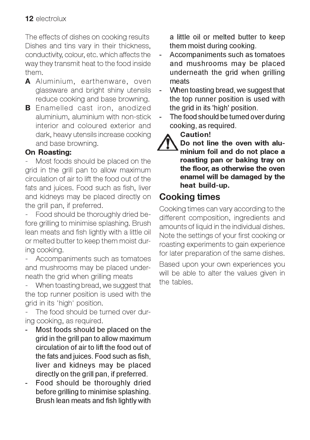 Electrolux EOG 10000 user manual Cooking times, On Roasting 