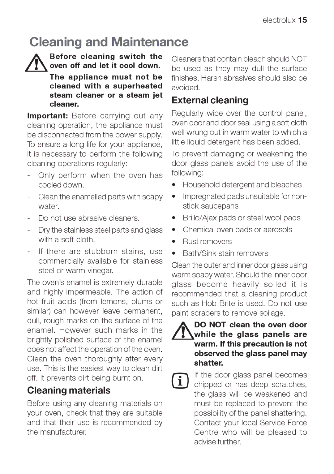 Electrolux EOG 10000 user manual Cleaning and Maintenance, Cleaning materials, External cleaning 