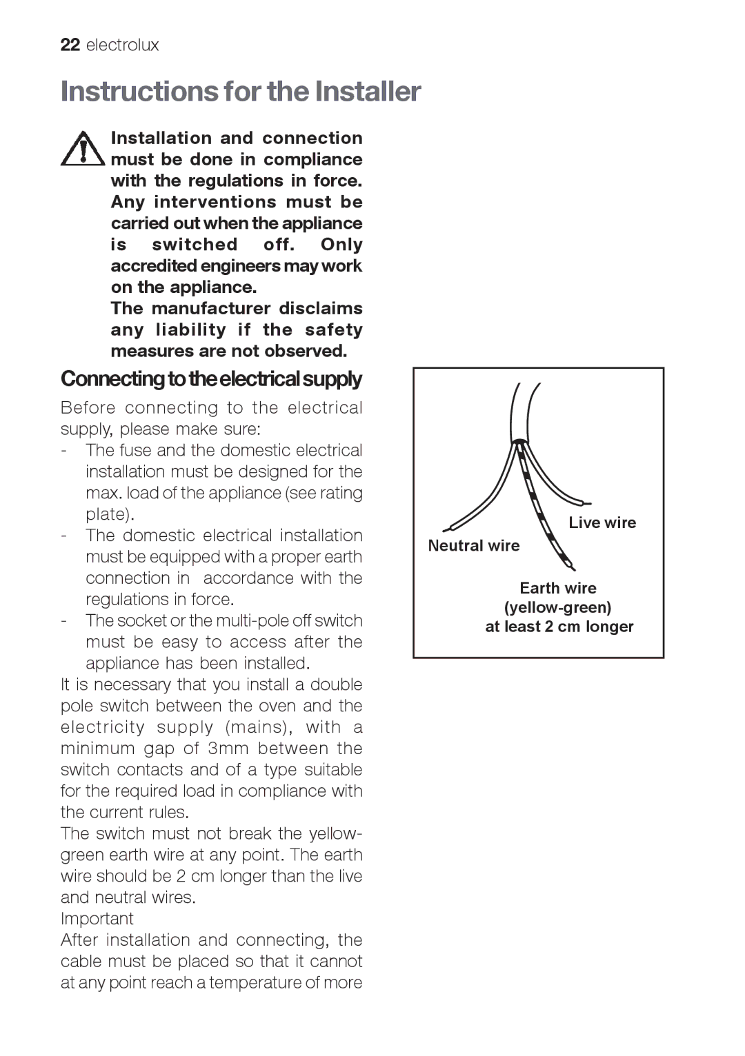 Electrolux EOG 10000 user manual Instructions for the Installer, Connectingtotheelectricalsupply 