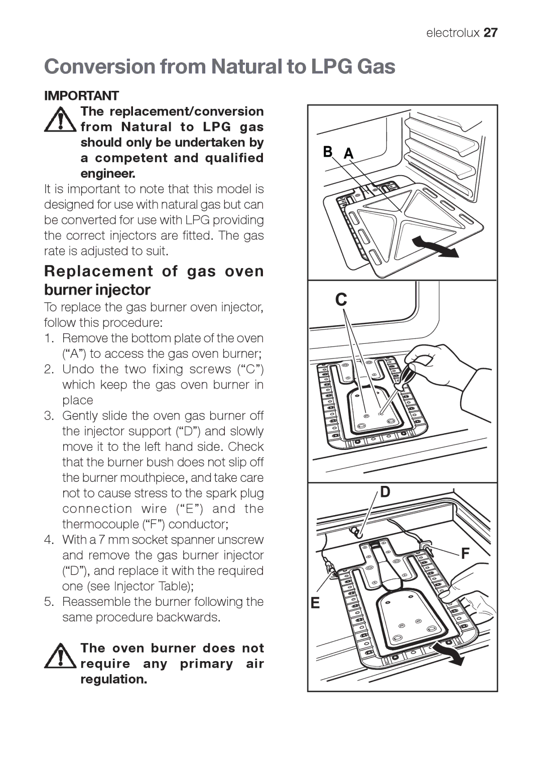 Electrolux EOG 10000 user manual Conversion from Natural to LPG Gas, Replacement of gas oven burner injector 