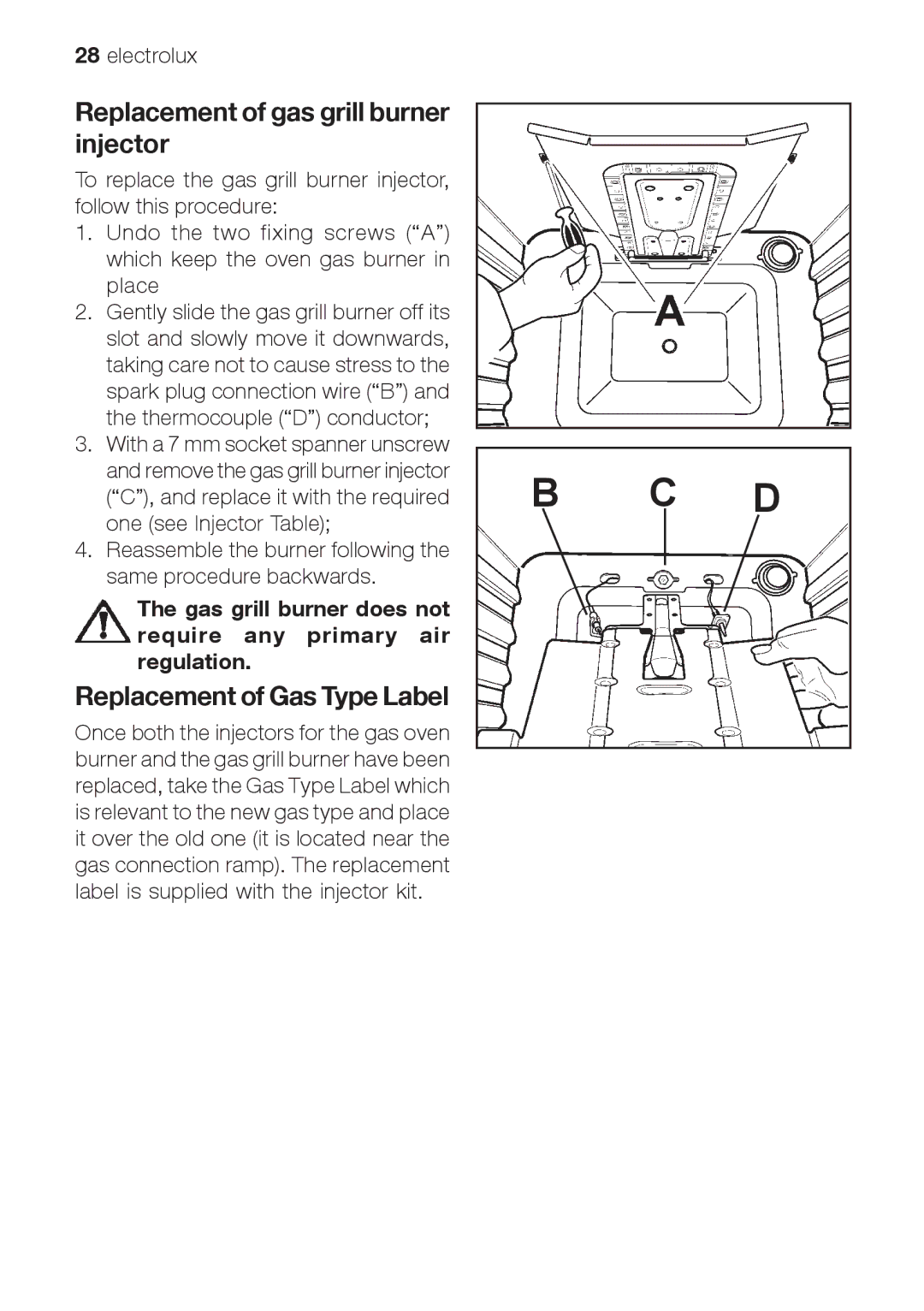 Electrolux EOG 10000 user manual Replacement of gas grill burner injector, Replacement of Gas Type Label 