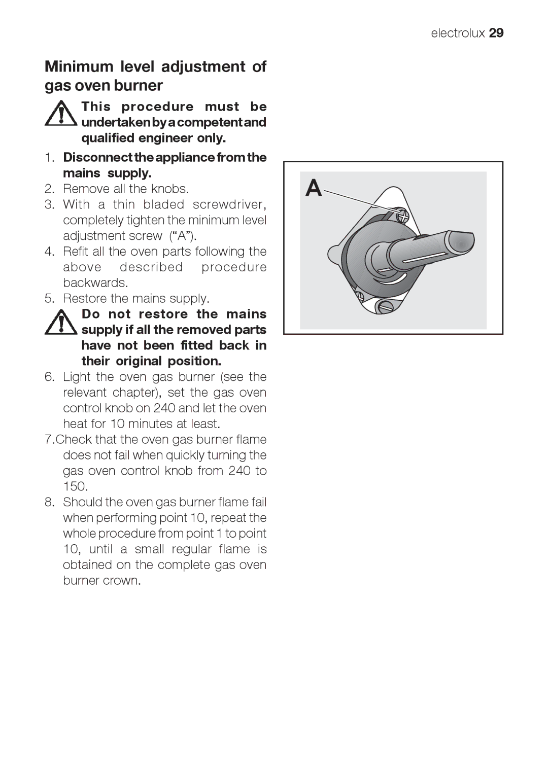 Electrolux EOG 10000 user manual Minimum level adjustment of gas oven burner 