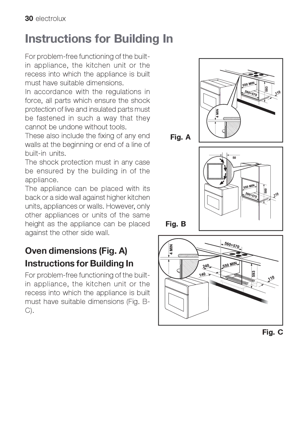 Electrolux EOG 10000 user manual Oven dimensions Fig. a Instructions for Building 