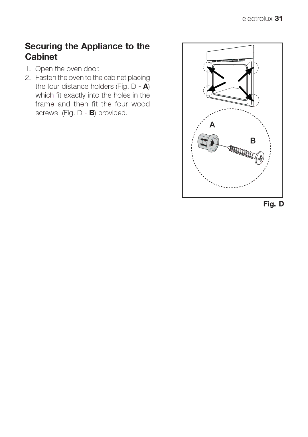 Electrolux EOG 10000 user manual Securing the Appliance to the Cabinet, Open the oven door 