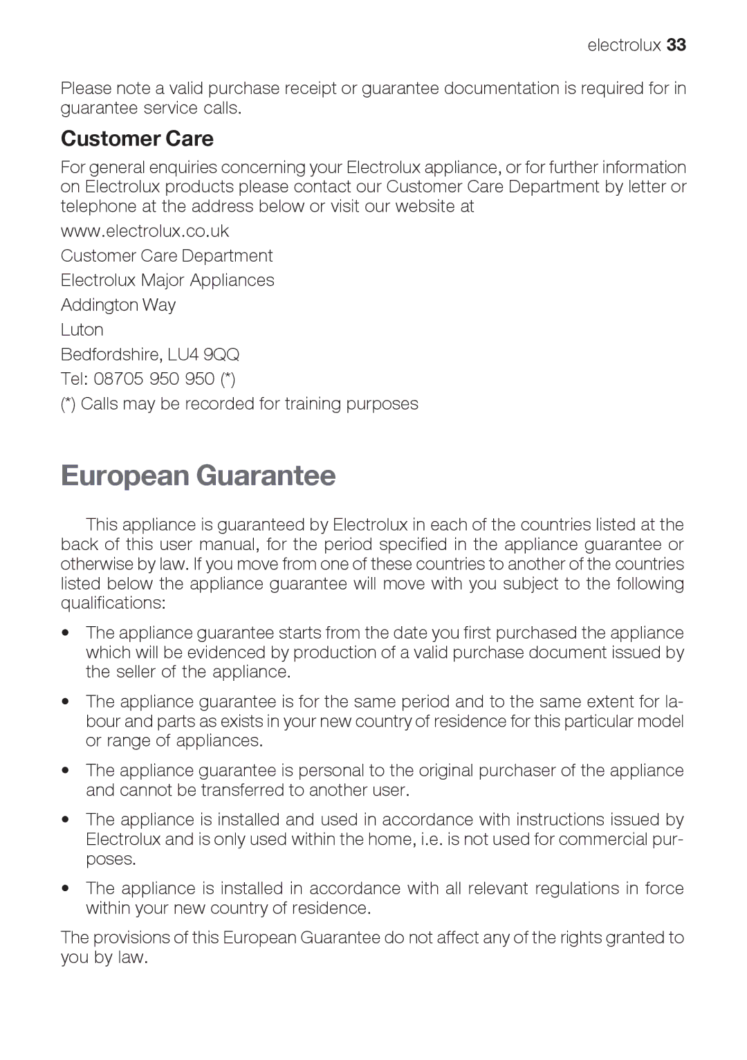 Electrolux EOG 10000 user manual European Guarantee, Customer Care 