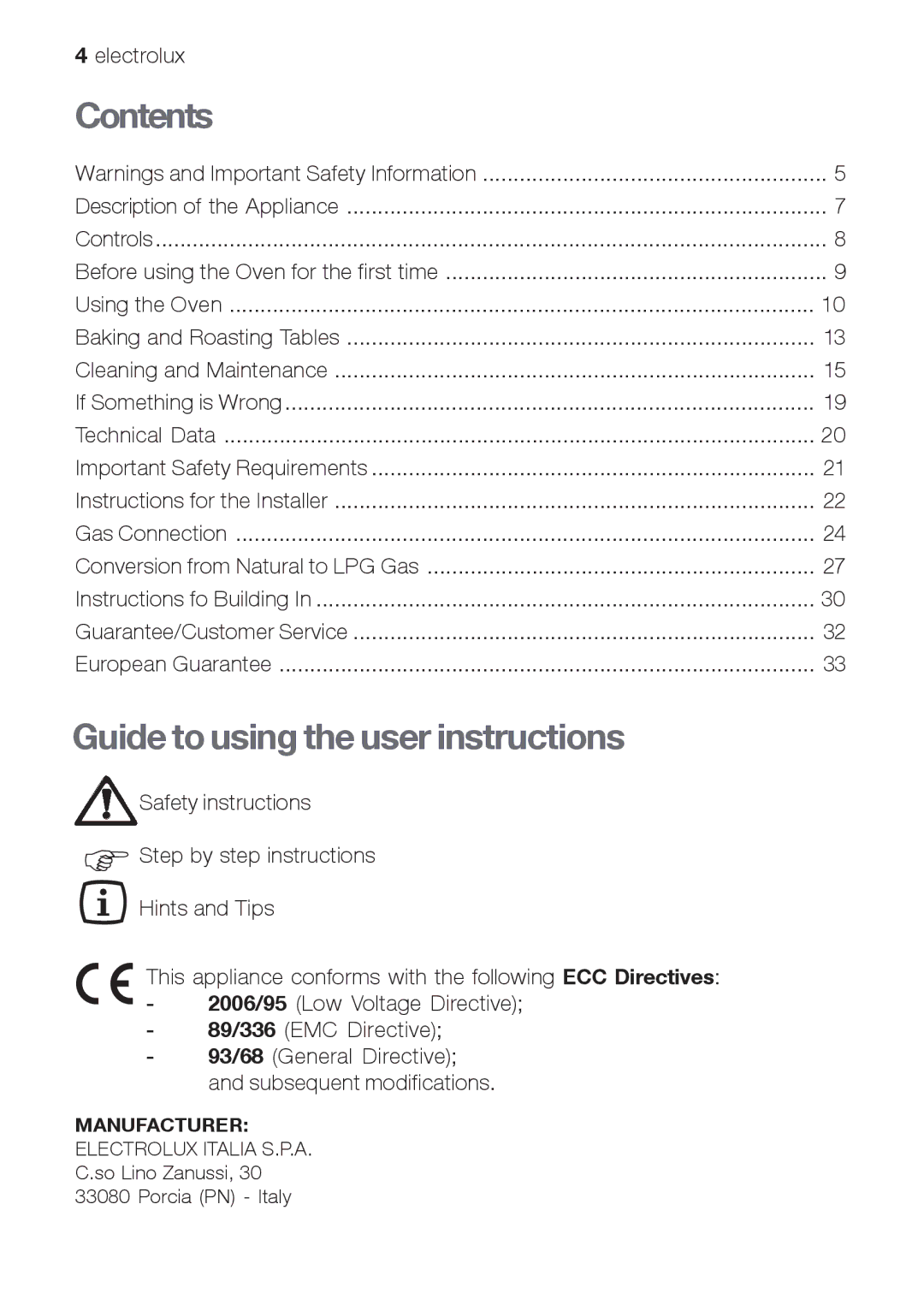 Electrolux EOG 10000 user manual Contents, Guide to using the user instructions 