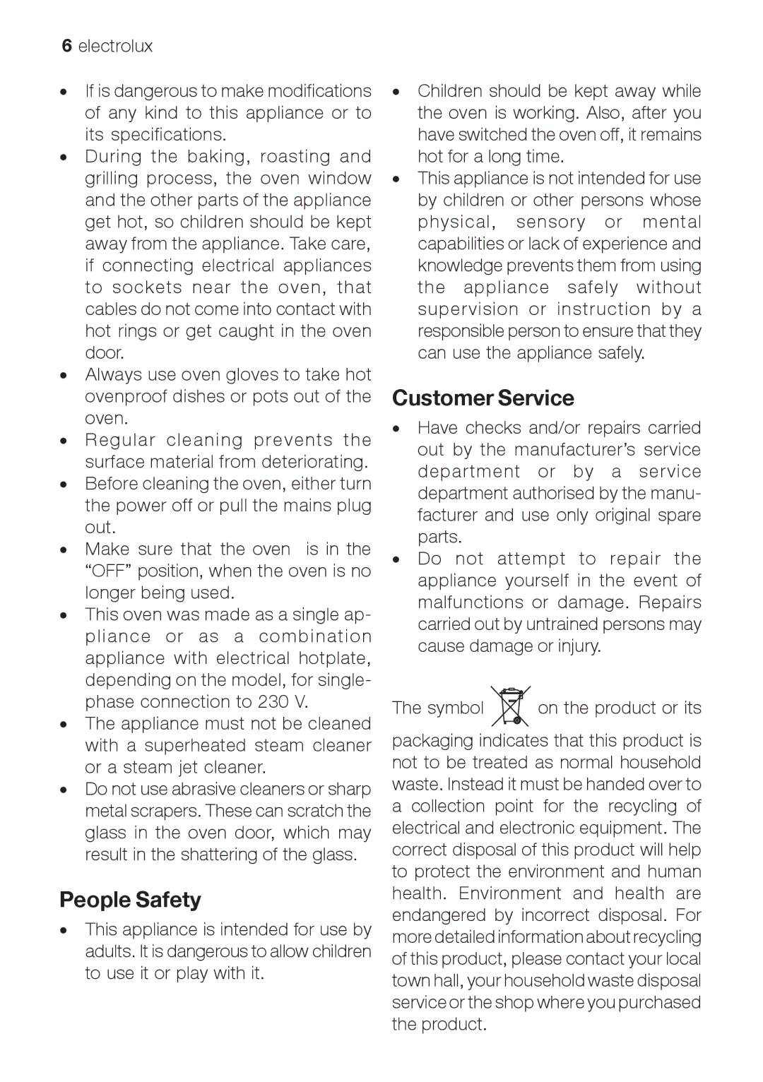 Electrolux EOG 10000 user manual People Safety, Customer Service 