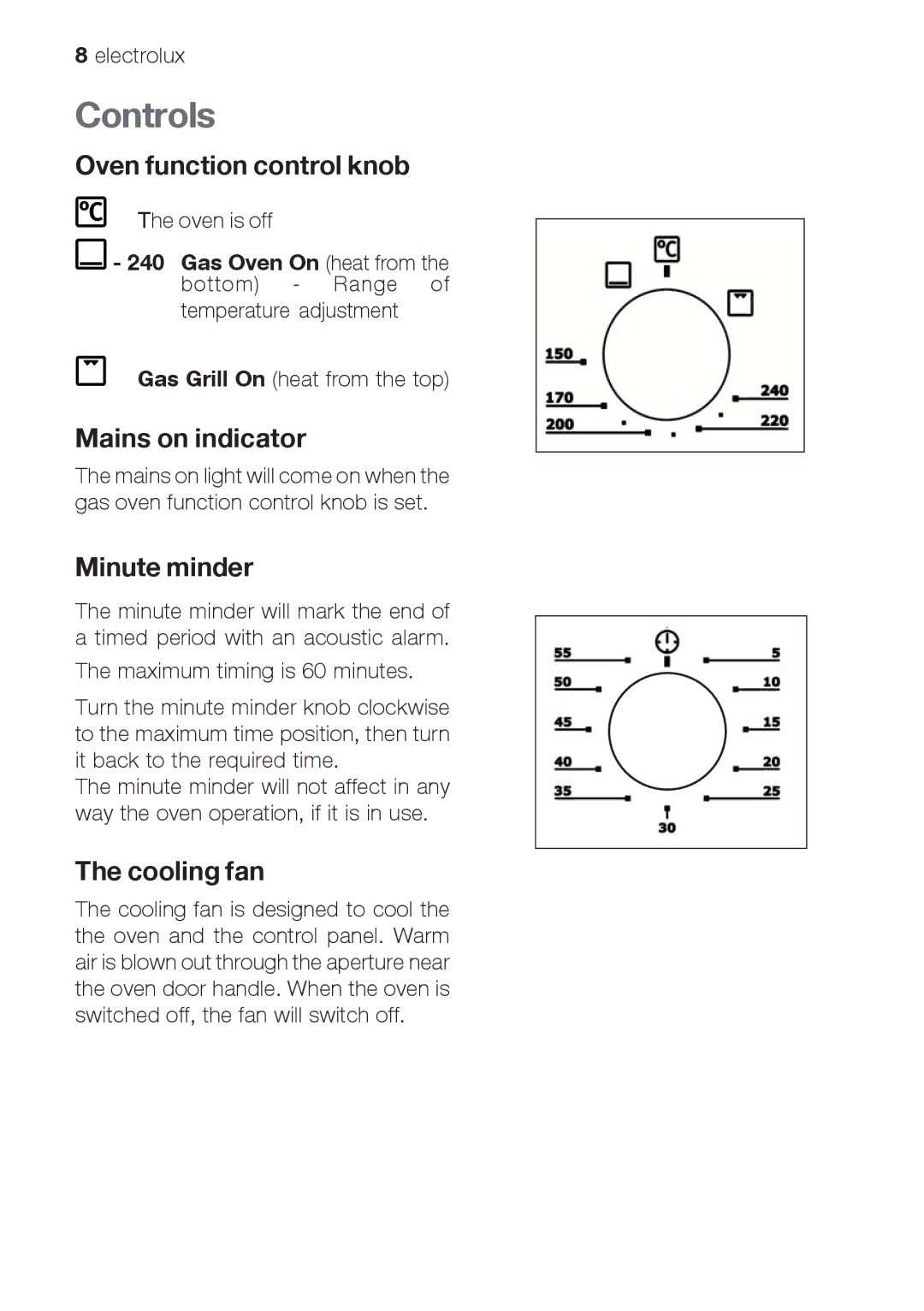 Electrolux EOG 10000 user manual Controls, Oven function control knob, Mains on indicator, Minute minder, Cooling fan 