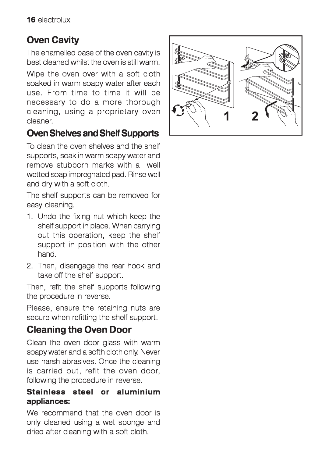Electrolux EOG 10000 user manual Oven Cavity, OvenShelvesandShelfSupports, Cleaning the Oven Door 