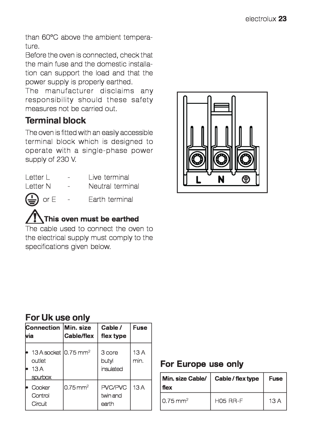 Electrolux EOG 10000 user manual Terminal block, For Uk use only, For Europe use only, This oven must be earthed 