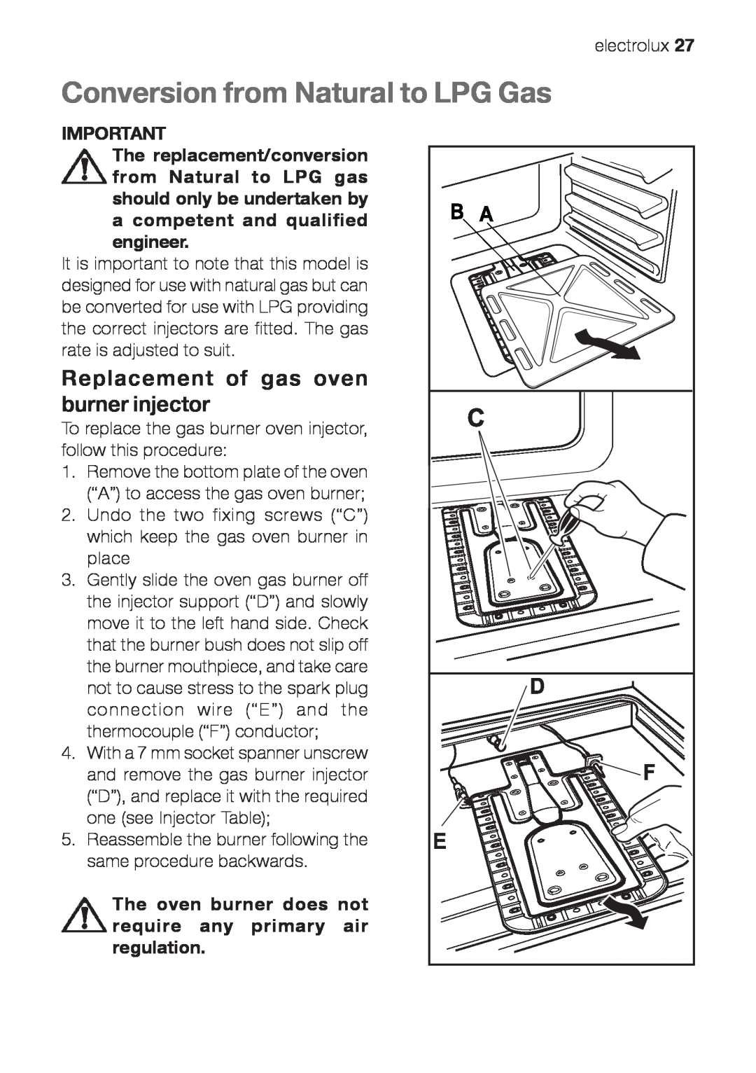 Electrolux EOG 10000 user manual Conversion from Natural to LPG Gas, Replacement of gas oven burner injector 