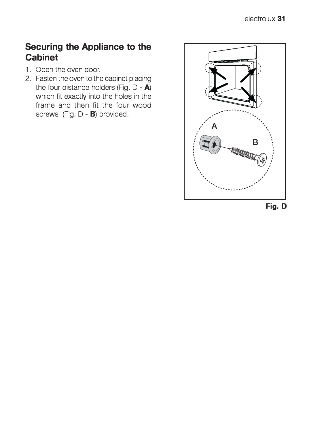 Electrolux EOG 10000 user manual Securing the Appliance to the Cabinet, Fig. D 