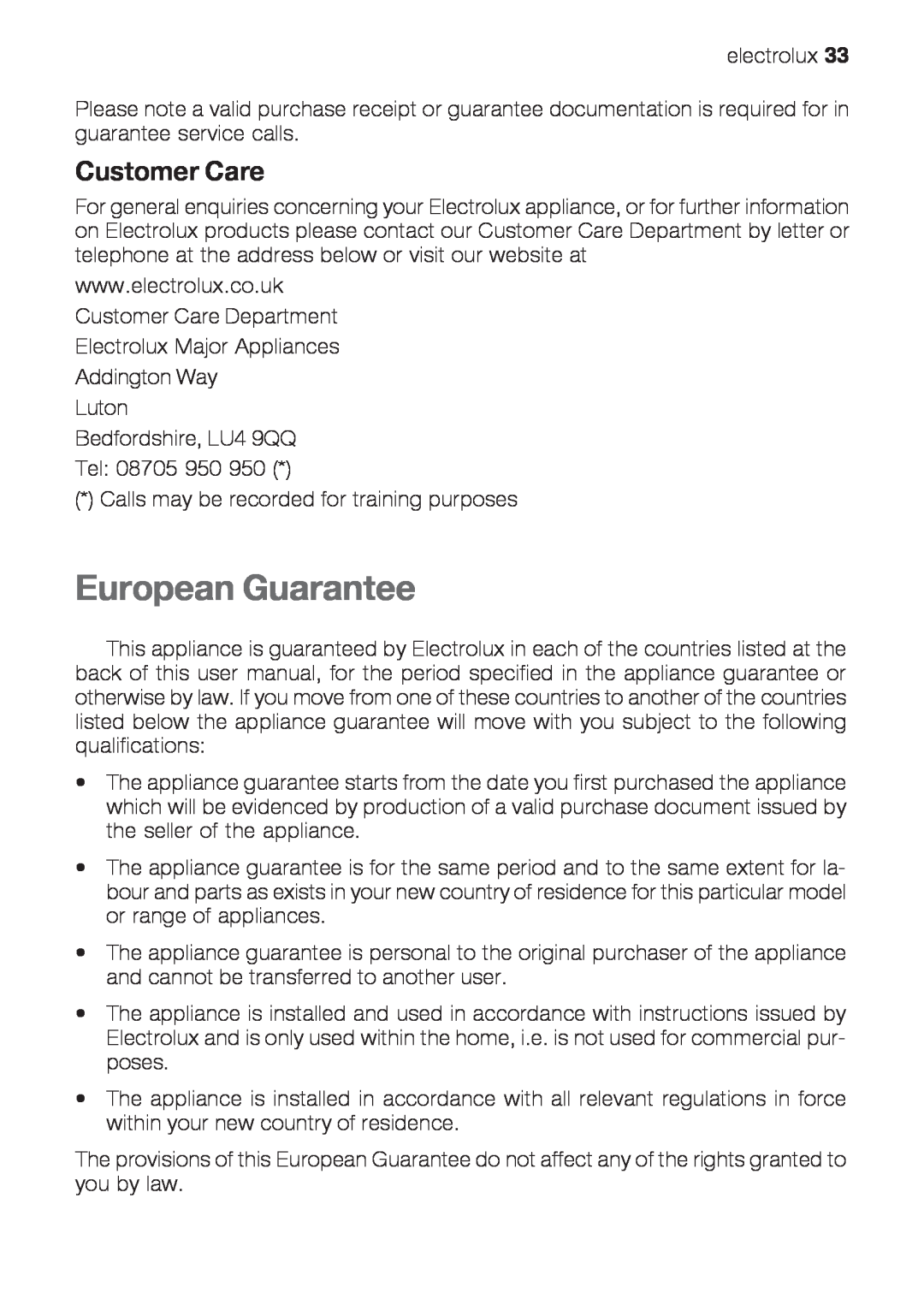Electrolux EOG 10000 user manual European Guarantee, Customer Care 