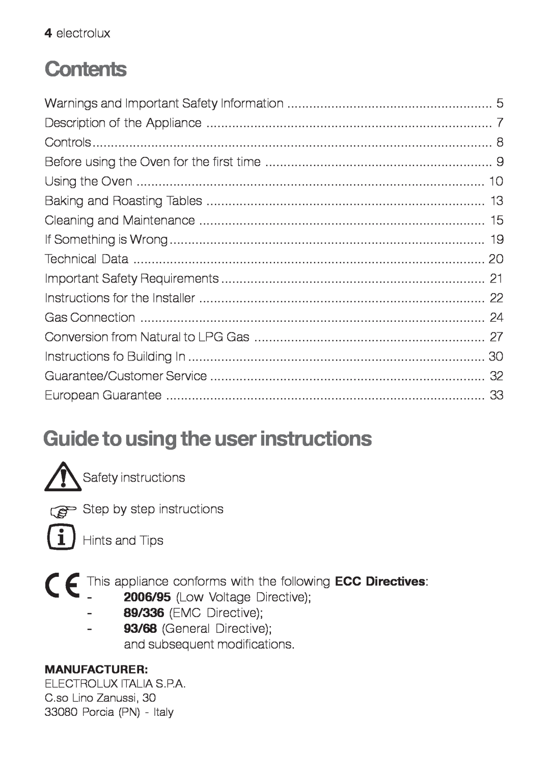 Electrolux EOG 10000 user manual Contents, Guide to using the user instructions 