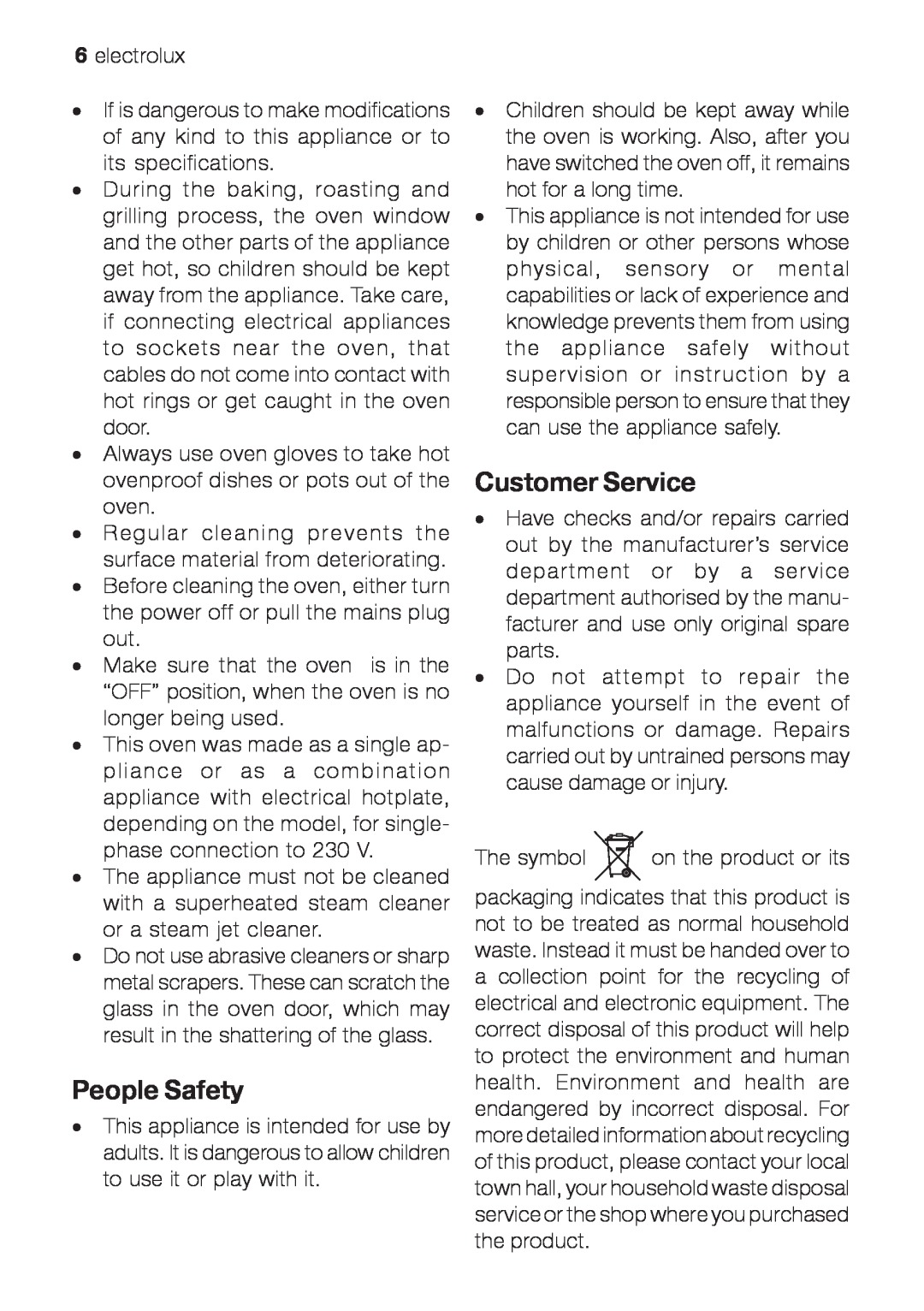Electrolux EOG 10000 user manual People Safety, Customer Service 