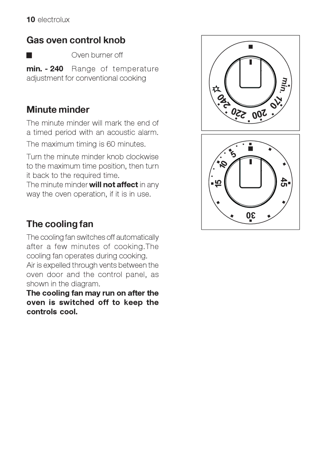 Electrolux EOG 21302 X user manual Gas oven control knob, Minute minder, Cooling fan 