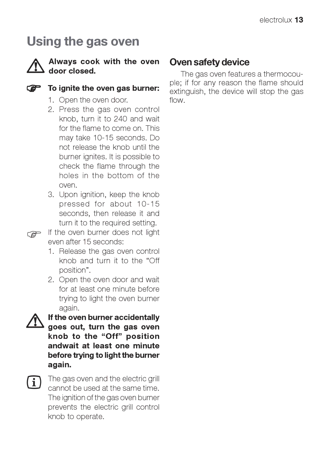 Electrolux EOG 21302 X user manual Using the gas oven, Oven safety device 