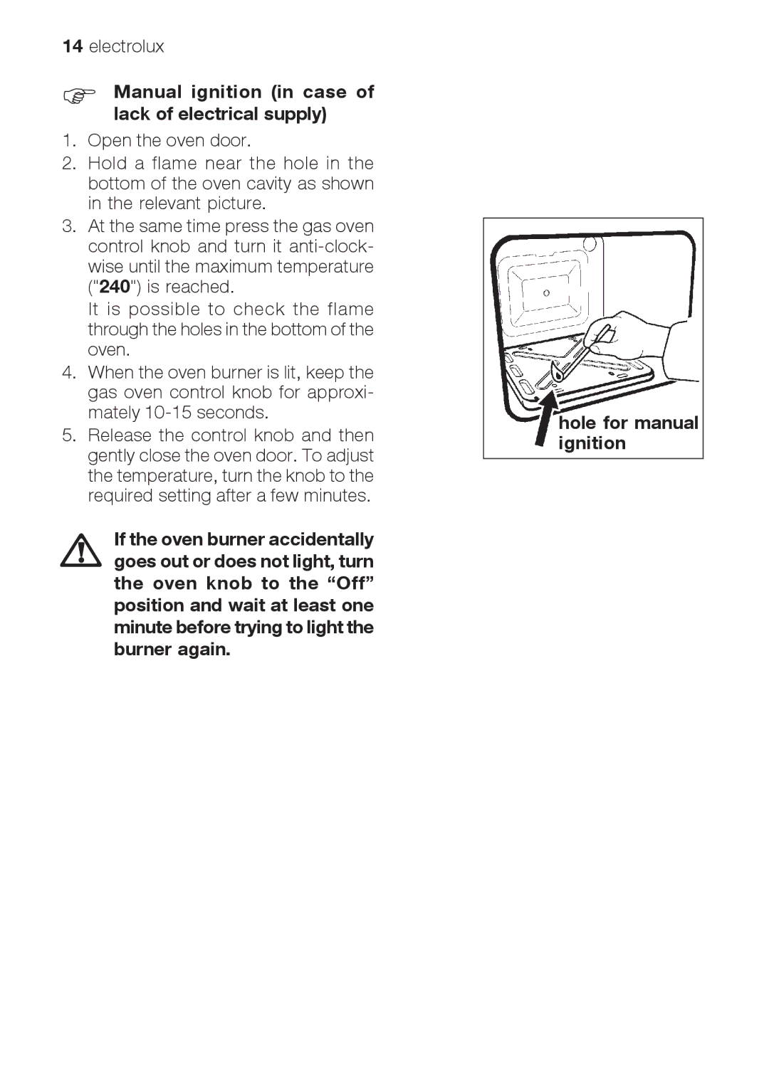 Electrolux EOG 21302 X user manual Manual ignition in case of lack of electrical supply 