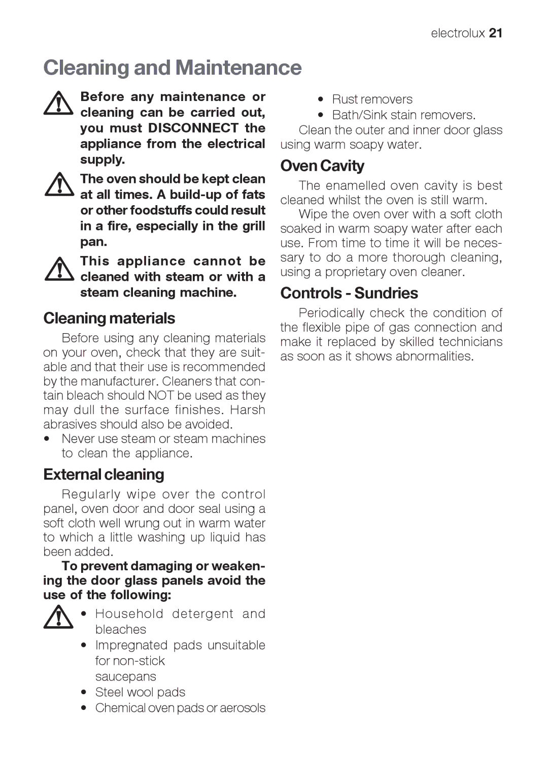 Electrolux EOG 21302 X Cleaning and Maintenance, Cleaning materials, Oven Cavity, Controls Sundries, External cleaning 